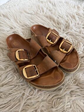 Birkenstock Arizona Brown Leather Big Buckle Gold Sandals Size 40